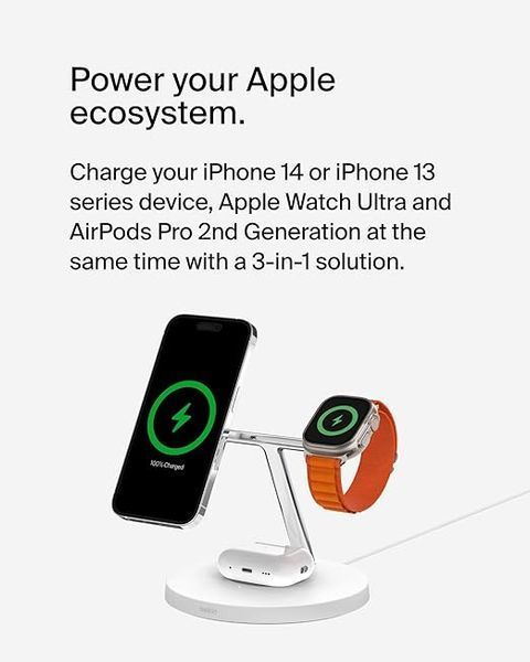 Док-станция Belkin BOOST CHARGE PRO 3-in-1 Wireless Charger with MagSafe White (HPGA2, WIZ009ttWH-APL) 987 фото
